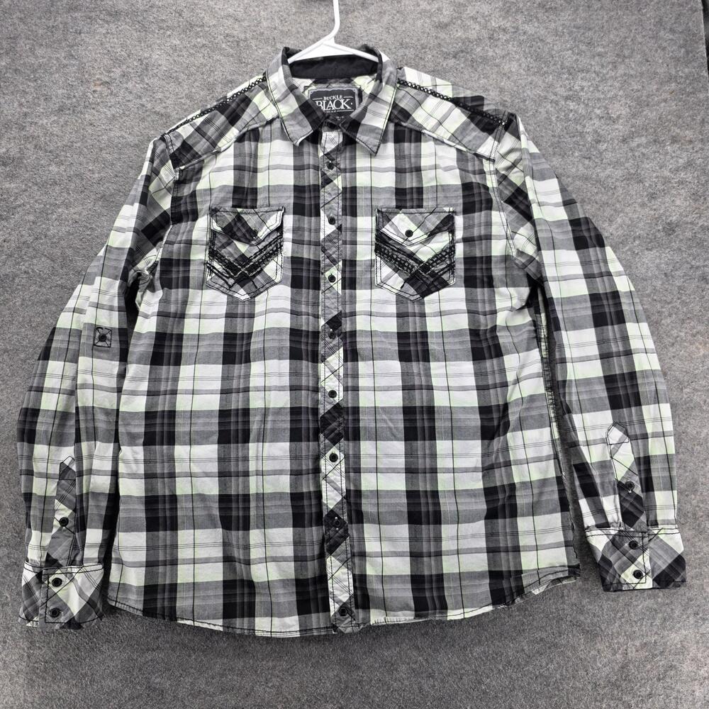 Buckle Black Shirt Mens XL Gray Black Plaid Athletic Fit Long Sleeve Western